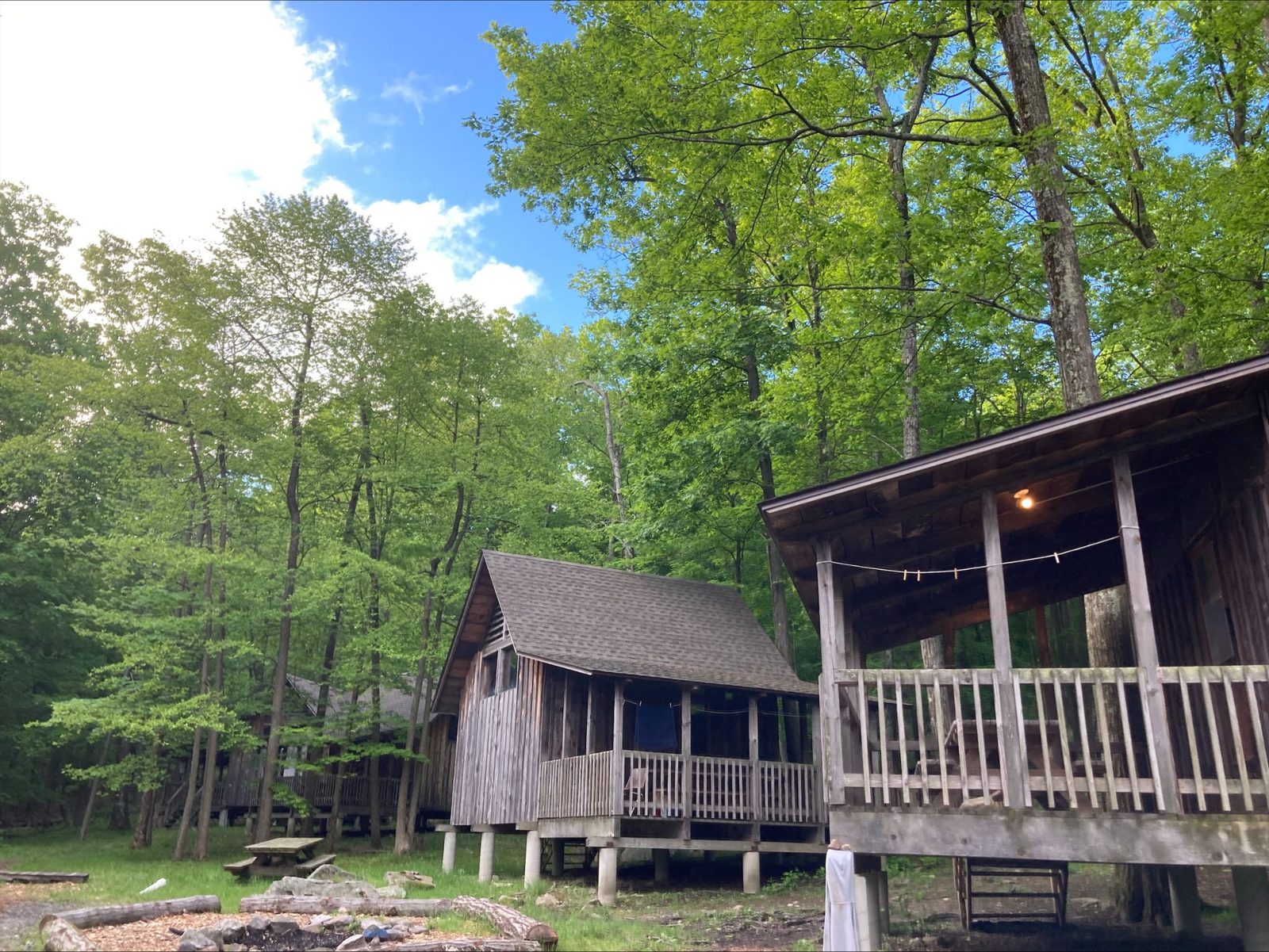 Wooden cabins in the forest at the Vipassana meditation center